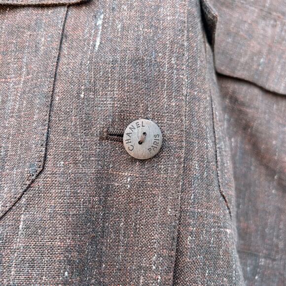 Chanel Authentic Linen Cropped Cinched Utility Jacket Top Chocolate Brown 36 Y2K - Picture 6 of 11